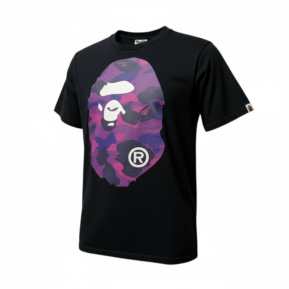 A BATHING APE‎ CAMO BIG APE HEAD T-SHIRT Black Purple TEE Shirt Small